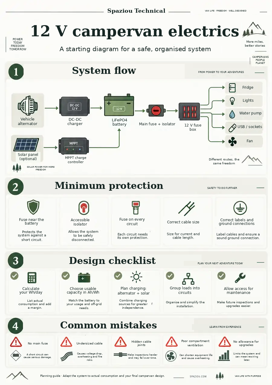 General infographic of a 12 V campervan electrical system