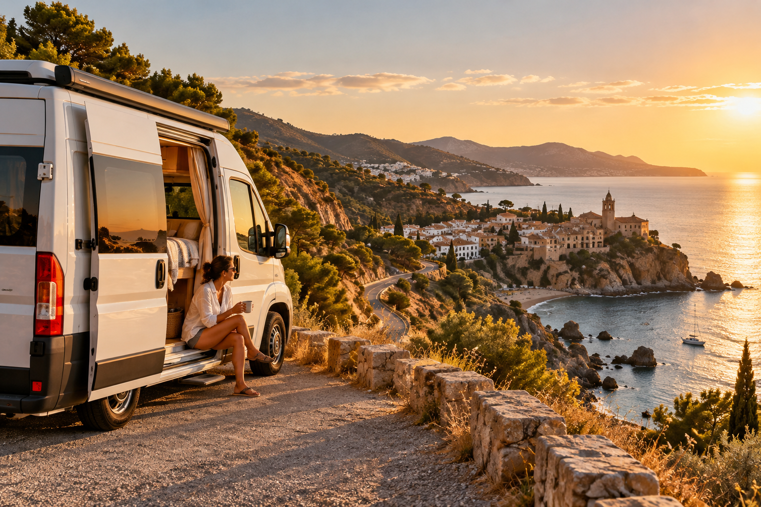 Camper junto a la costa española al atardecer