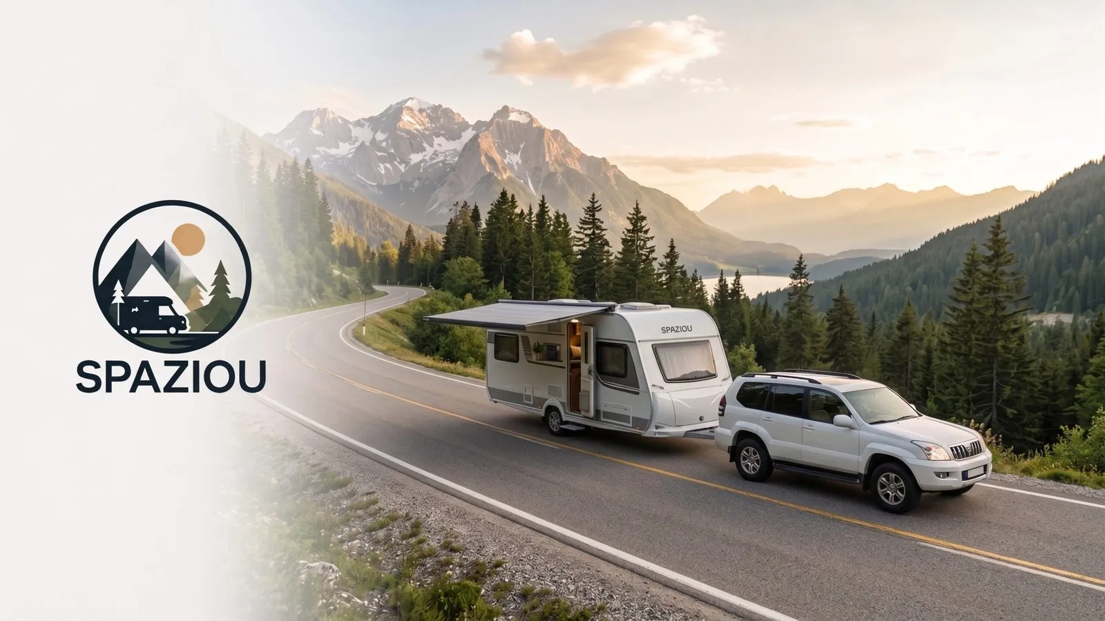 Spaziou: a motorhome and a car on a mountain road, ready for a getaway