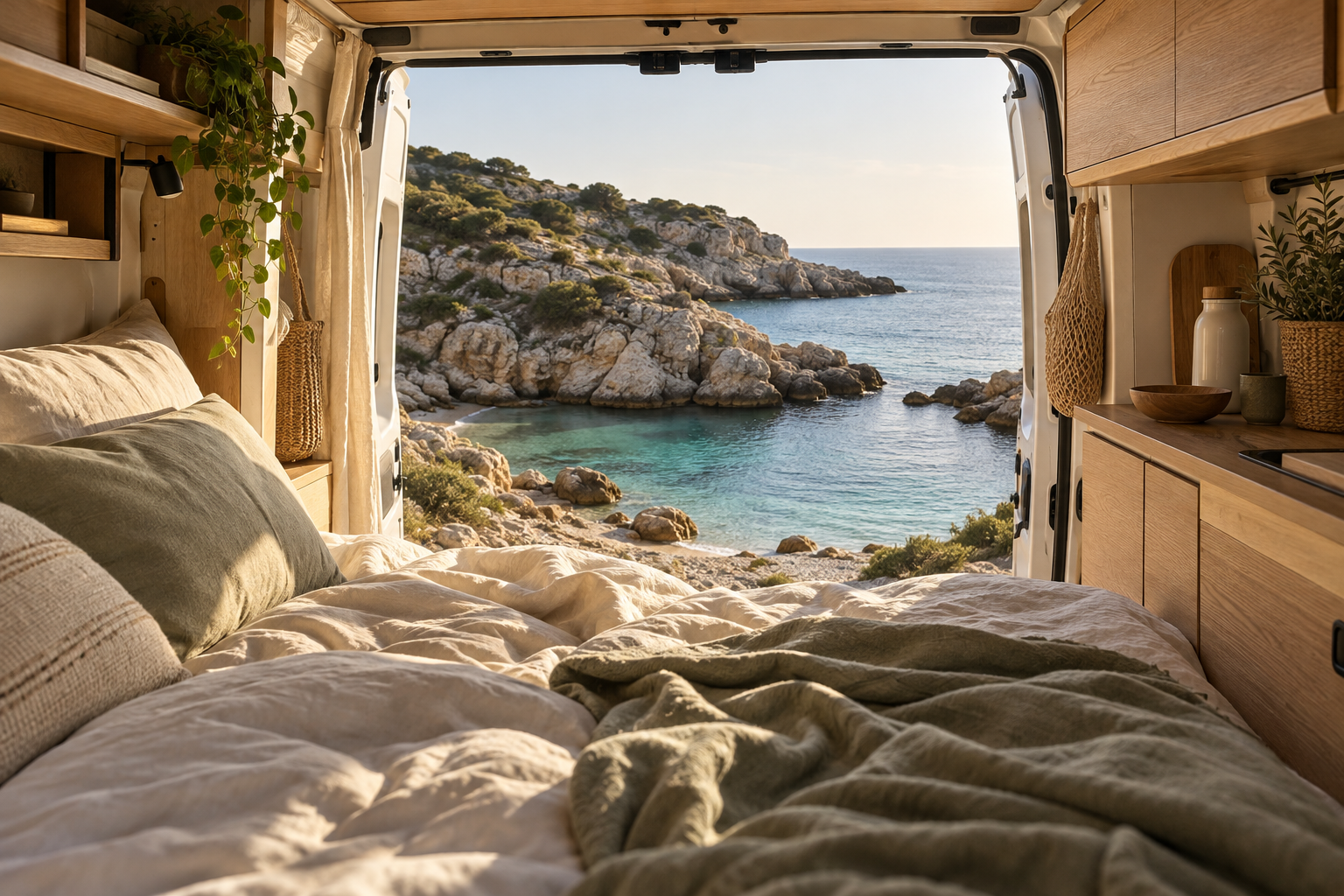 Interior de camper abierto a una cala mediterránea