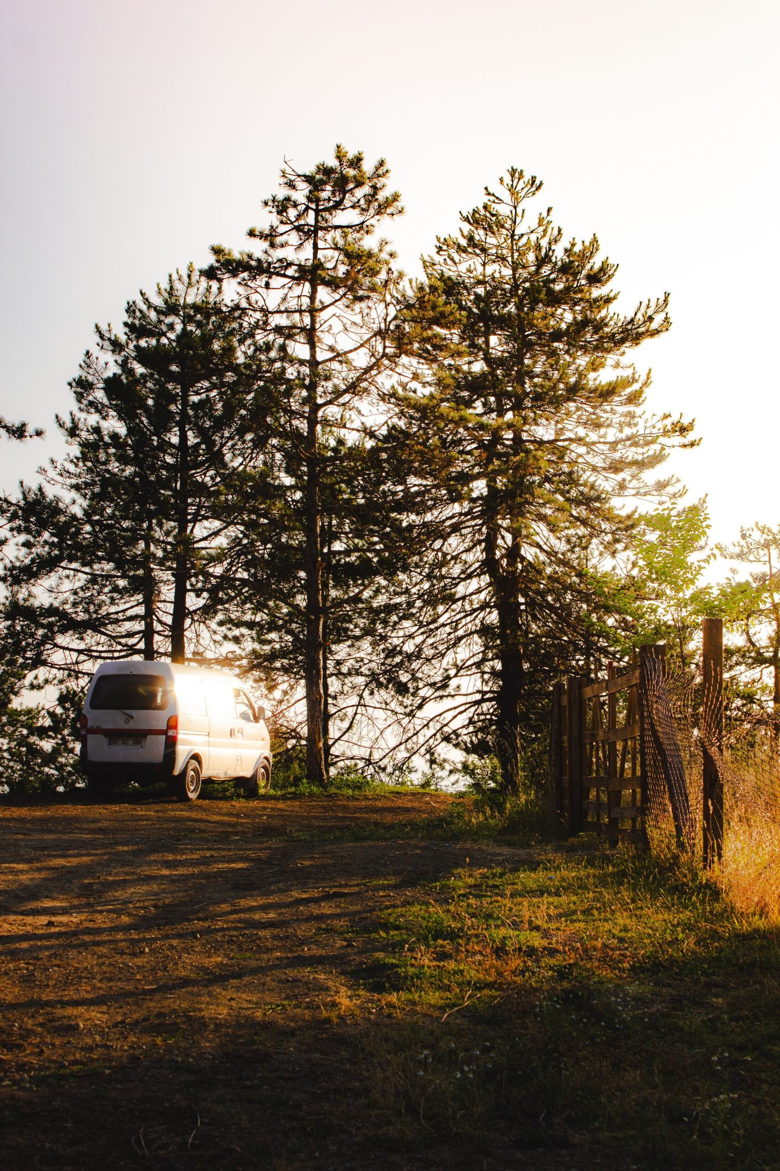Camper aparcada entre árboles al amanecer durante un viaje
