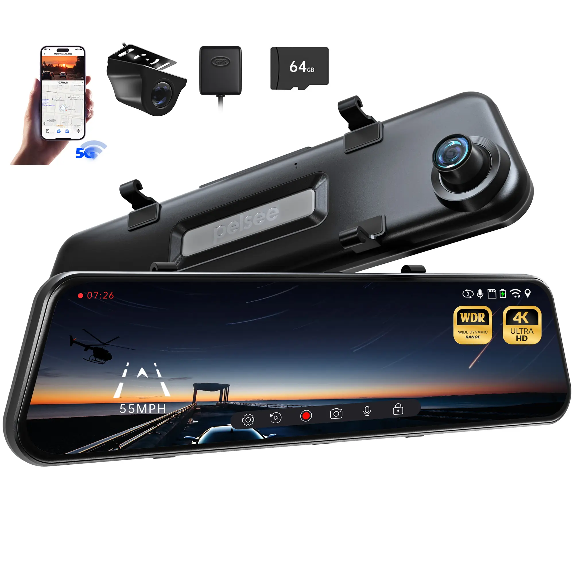 Pelsee P12 Pro Max mirror dash cam 4K y 2.5K para camper