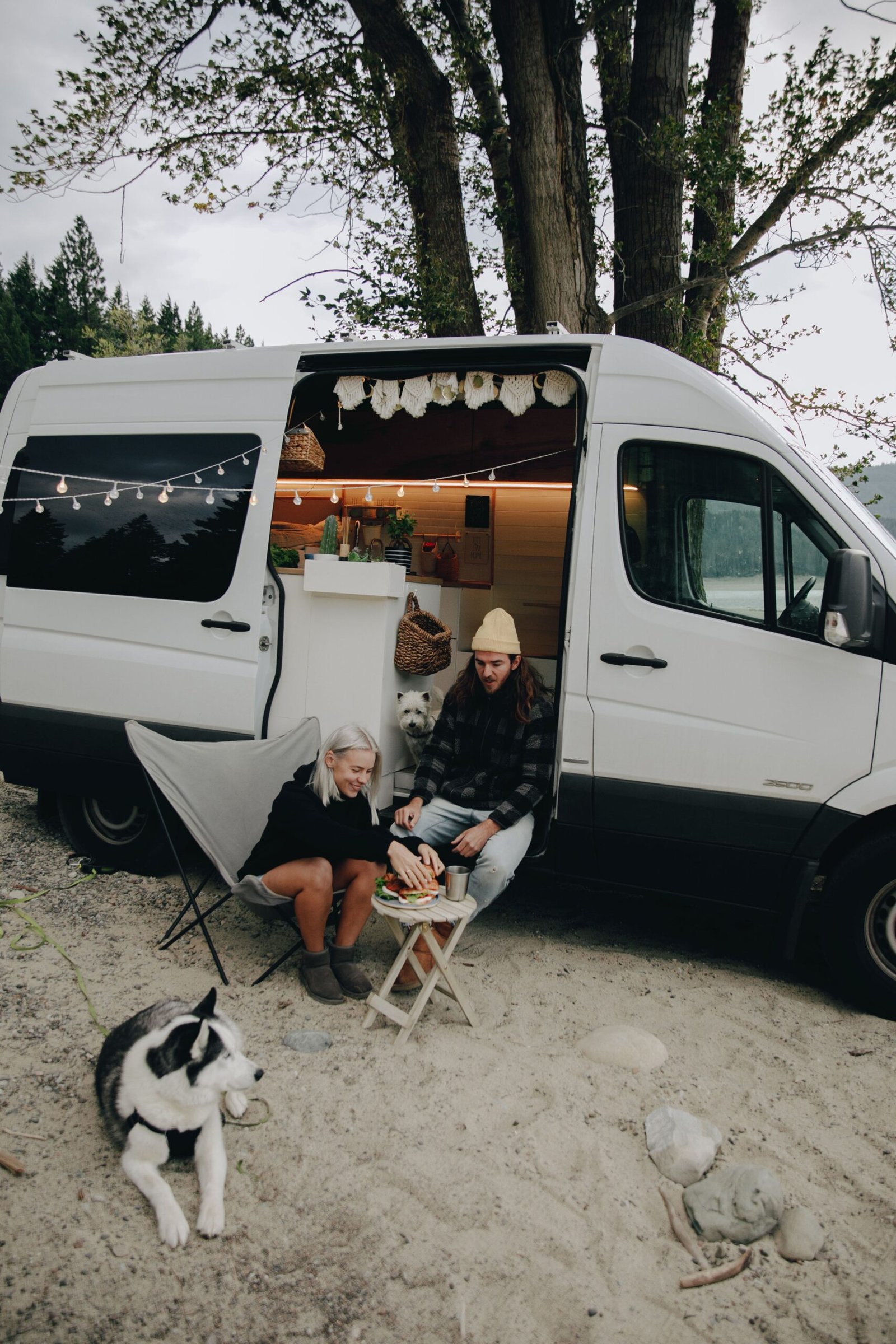 Pareja descansando junto a una camper con sus perros durante un viaje