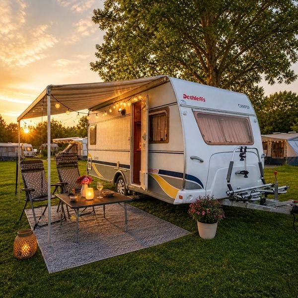 Caravana Dethleffs con toldo y zona exterior iluminada al atardecer