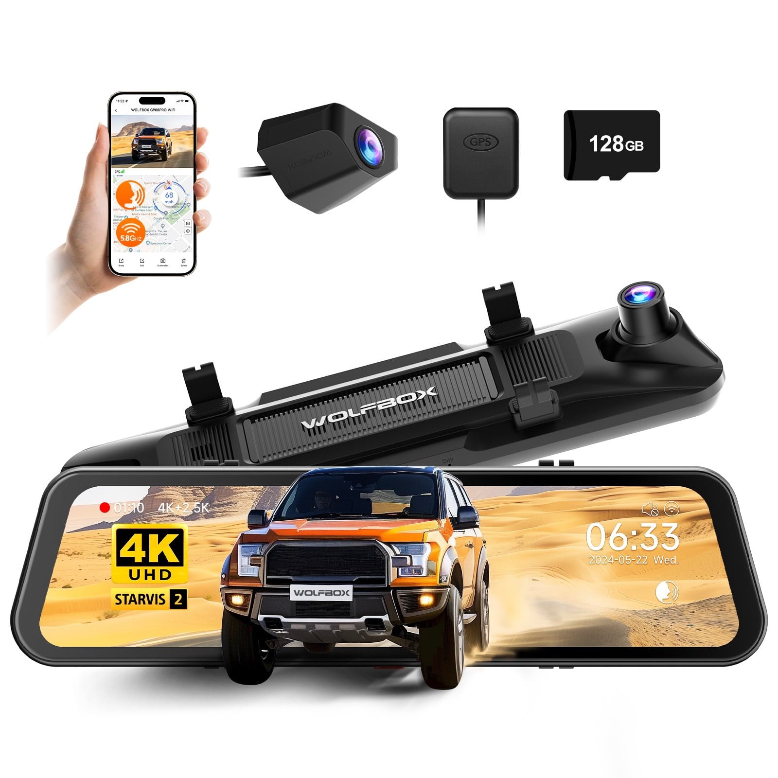 WOLFBOX G900 Pro mirror dash cam con pantalla de 12 pulgadas para camper