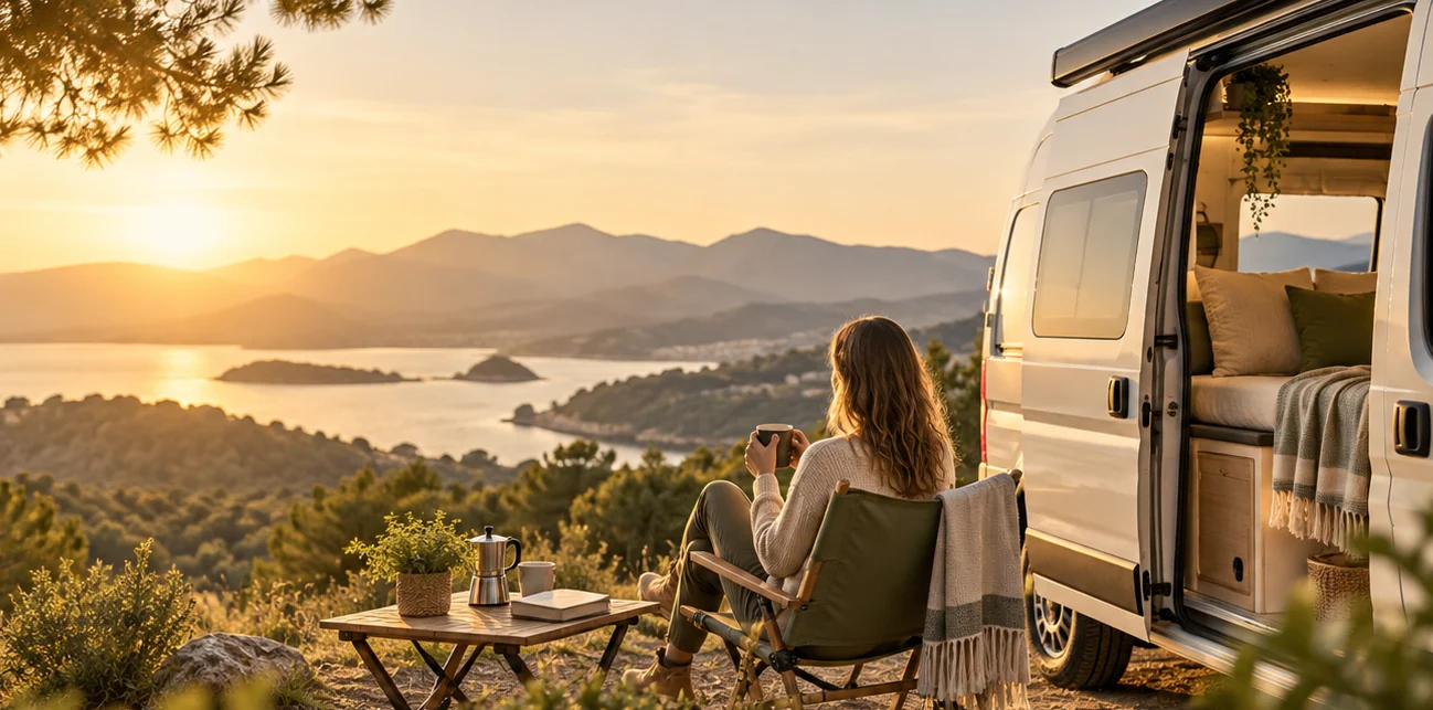 Una viajera disfruta de la puesta de sol desde una camper en un mirador junto al lago