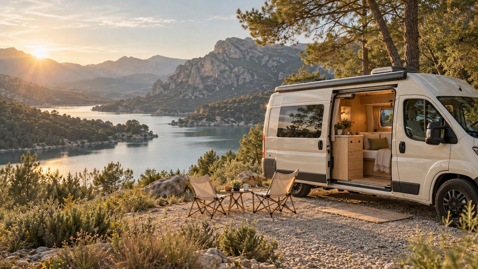 Escena editorial de una camper junto a un lago de montaña al amanecer
